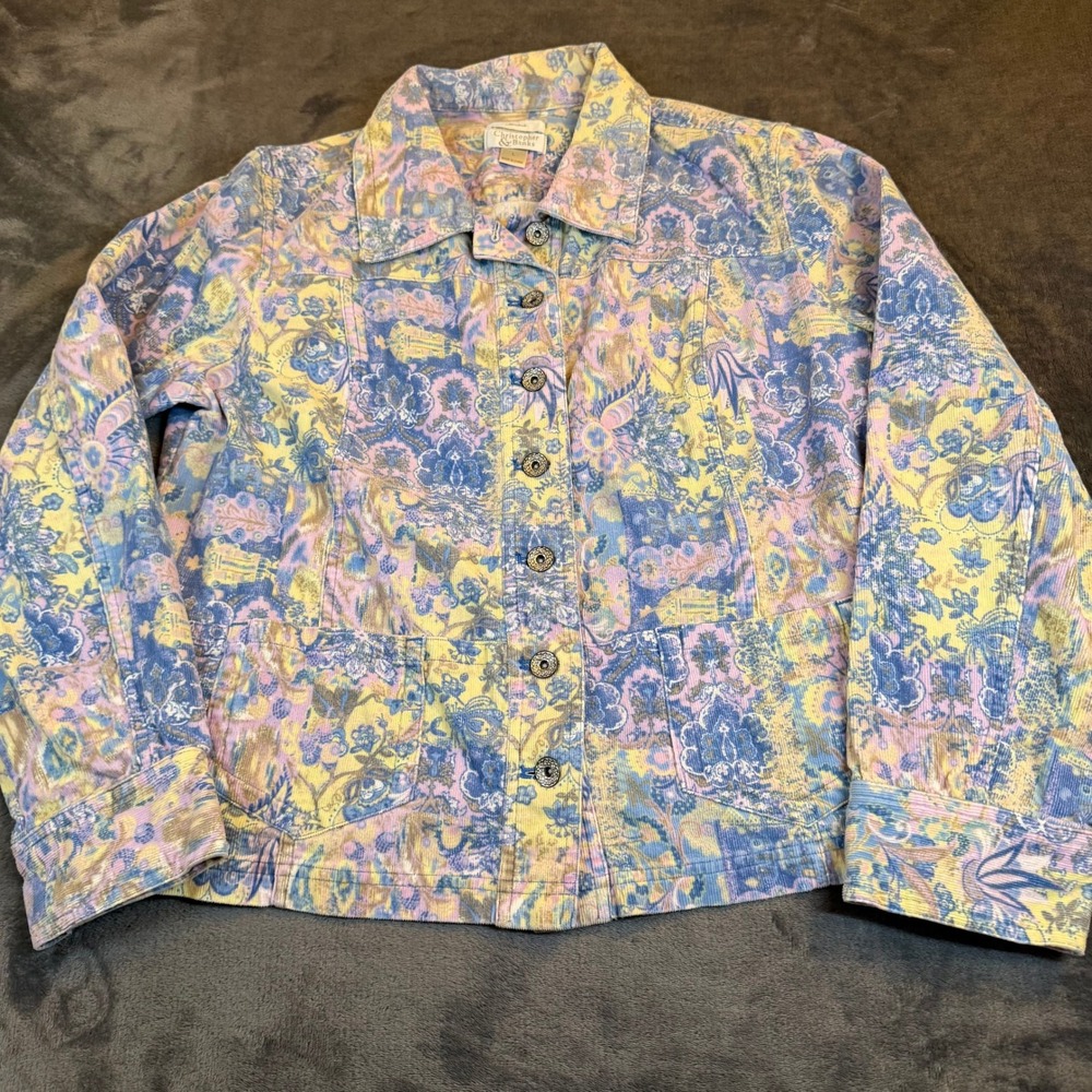 Christopher & Banks Womens Large Blue Yellow Paisley Corduroy Stretch Jacket